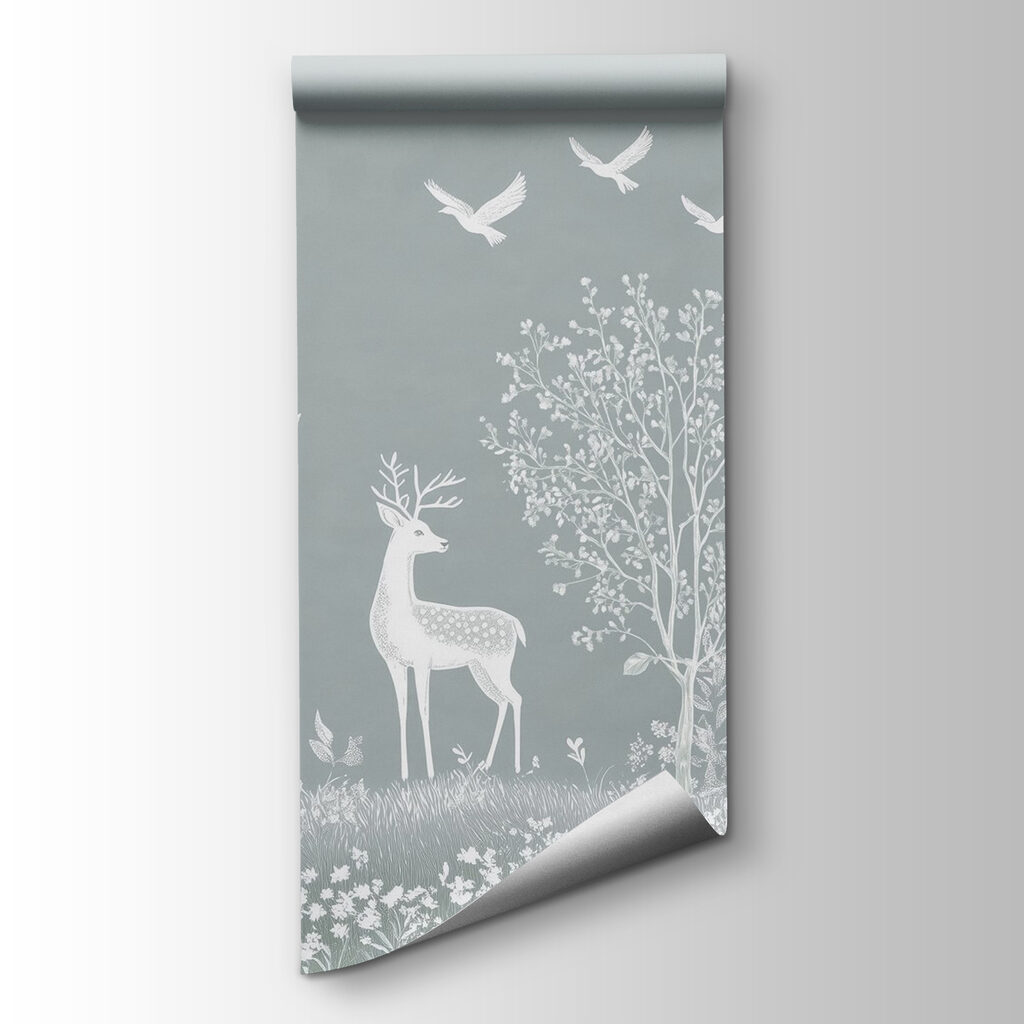 White deer and birds in a forest White deer and birds in a forest