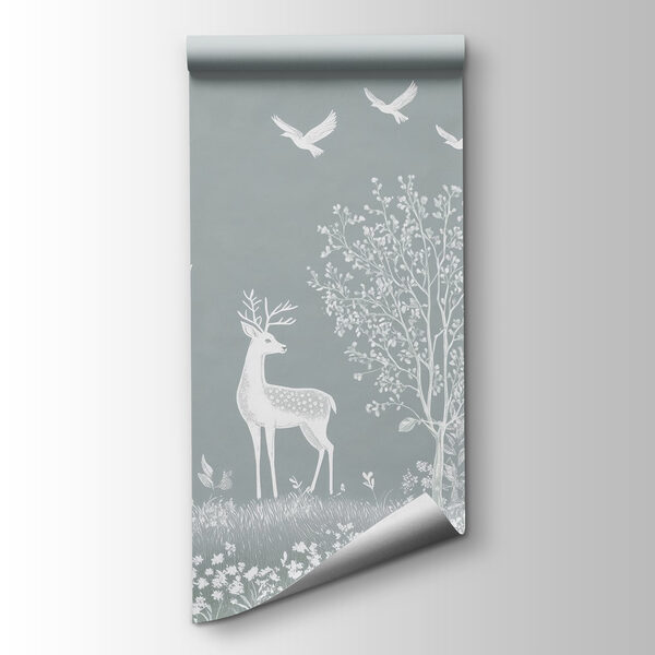 White deer and birds in a forest White deer and birds in a forest