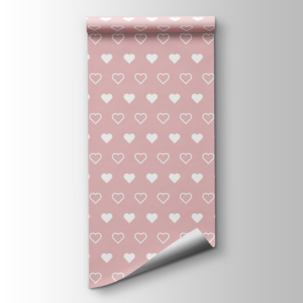 Pattern of white hearts on a pink background