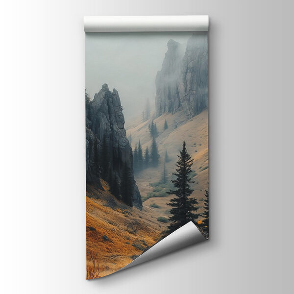 Rocky mountains with trees and fog