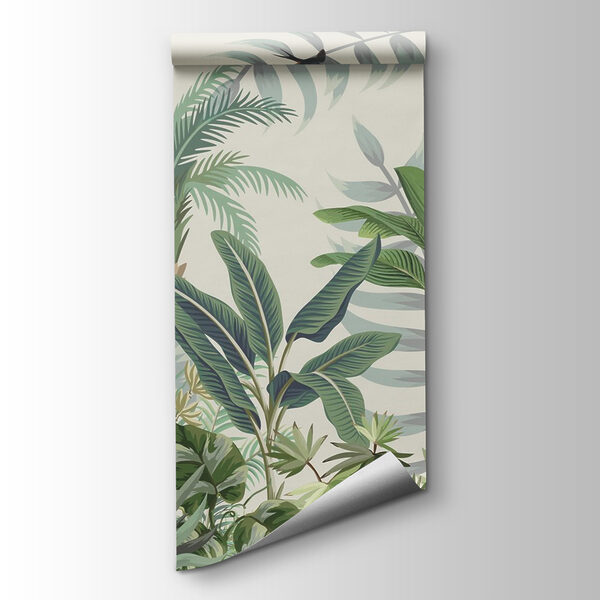 Wallpaper with tropical plants and birds
