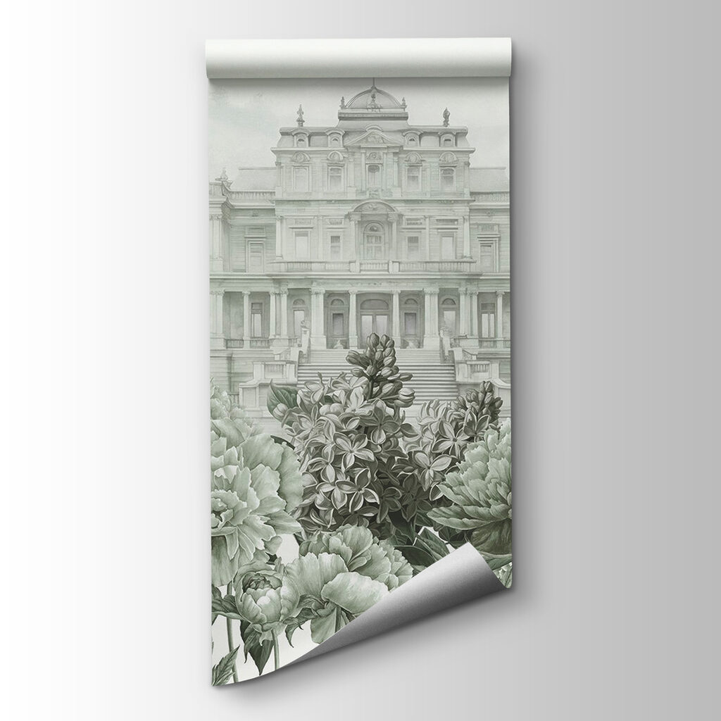 Large white building with flowers