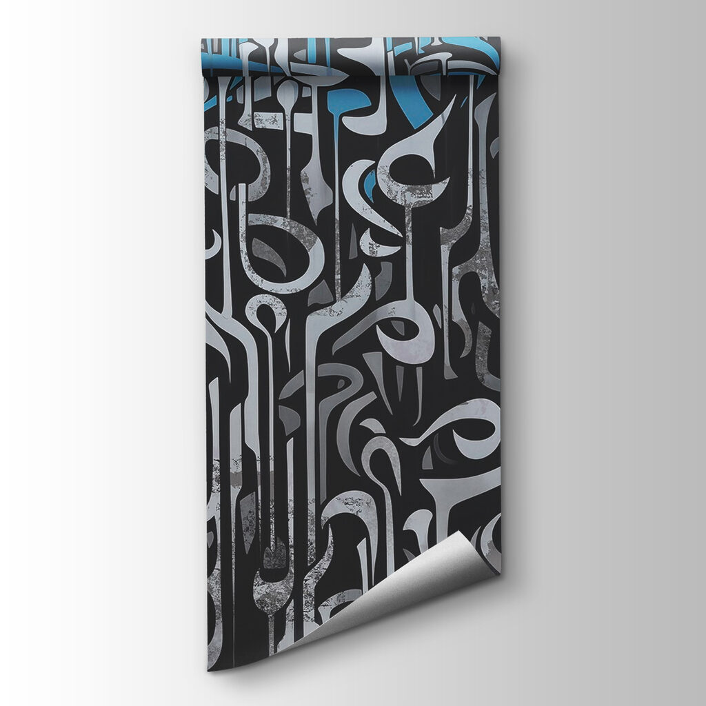Black and white art with blue and white lines