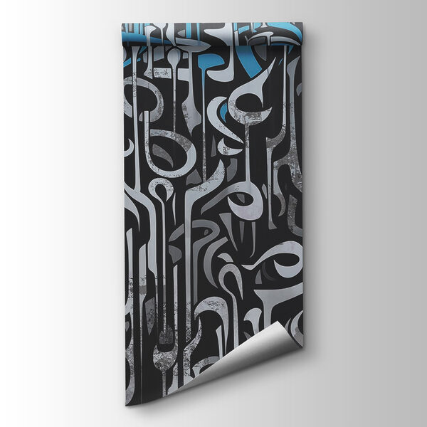Black and white art with blue and white lines