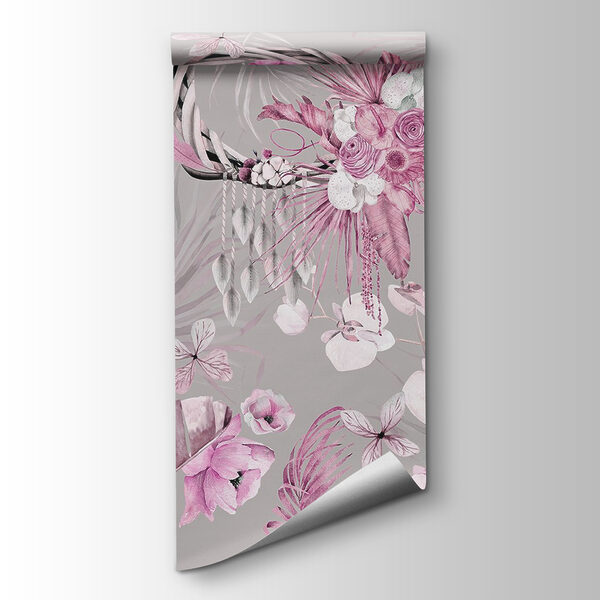 Wallpaper with flowers and feathers