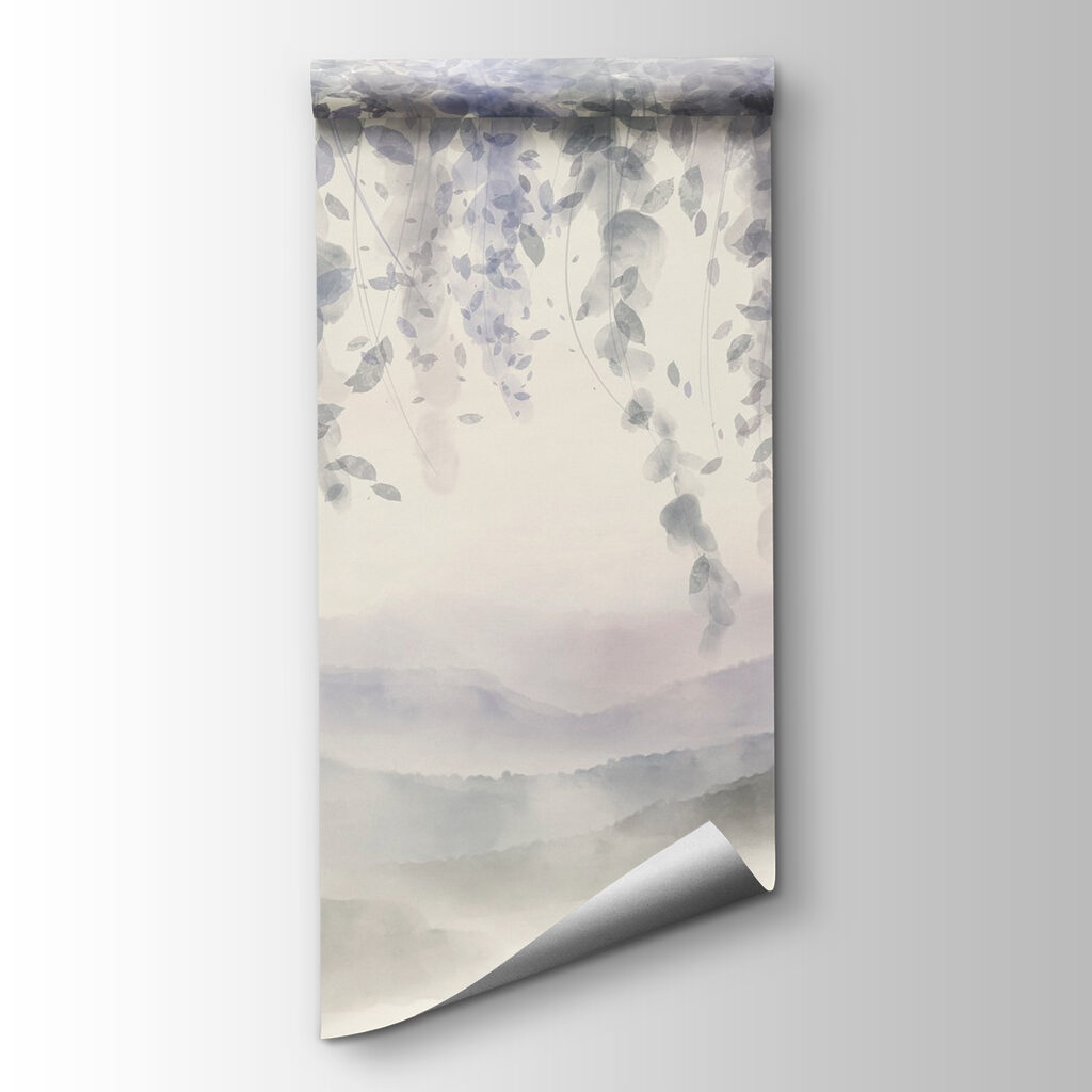 Painting of a landscape with fog and leaves Painting of a landscape with fog and leaves