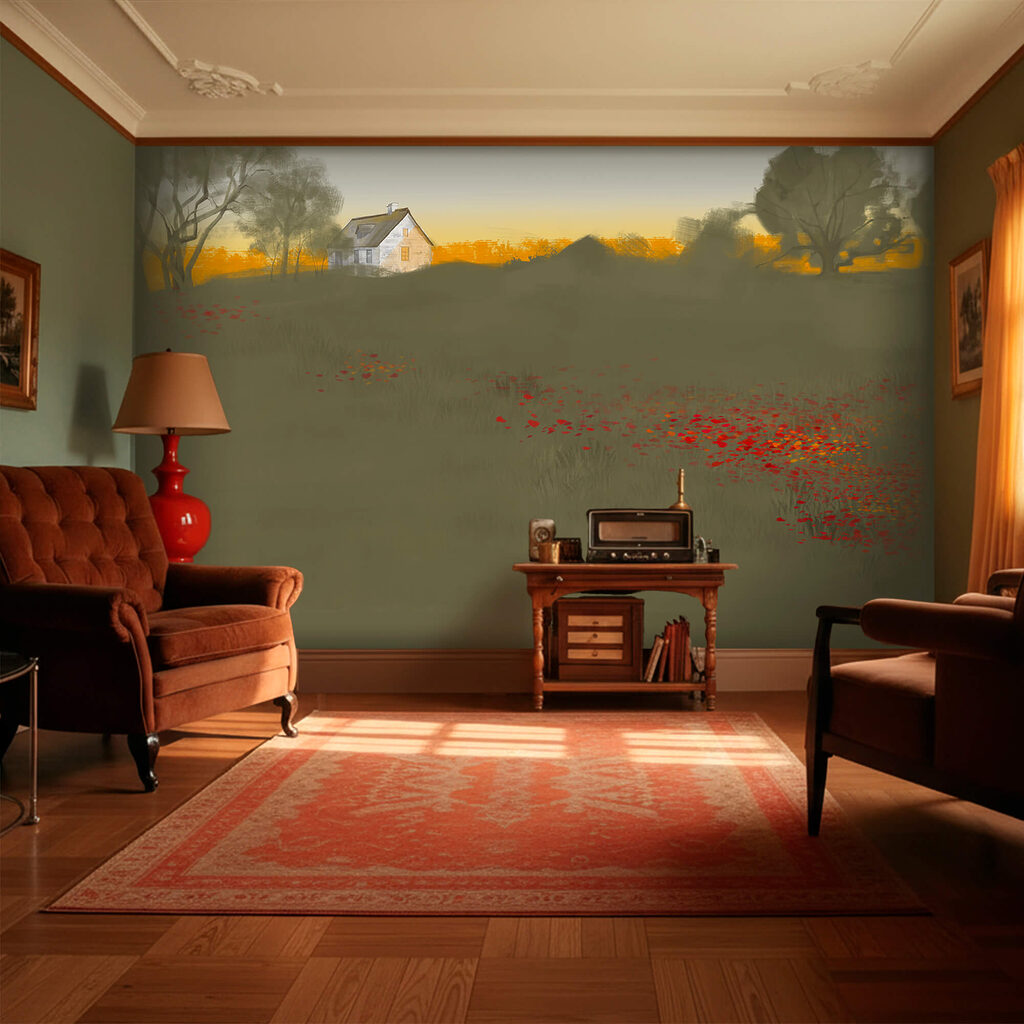 Field of red flowers with a house in the background