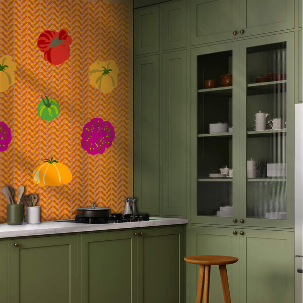 Group of tomatoes on a woven surface