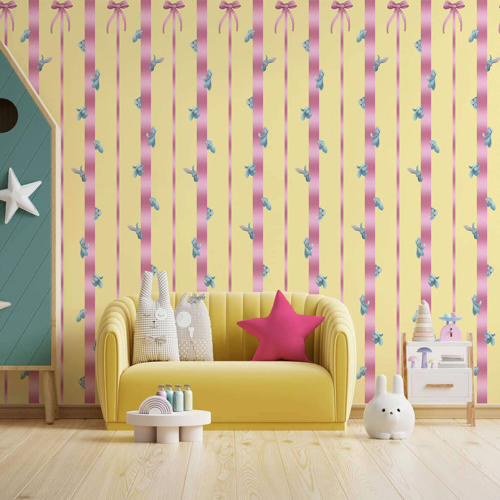 Pink and yellow striped background with birds and bows