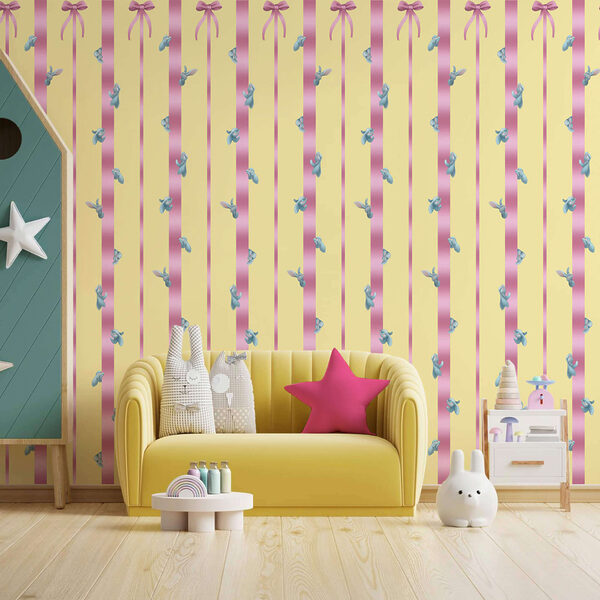 Wall murals Pink and yellow striped background with birds and bows (SKU: t00477) Wall murals Wall murals Pink and yellow striped background with birds and bows (SKU: t00477)