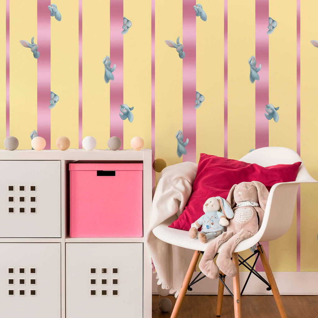 Pink and yellow striped background with birds and bows