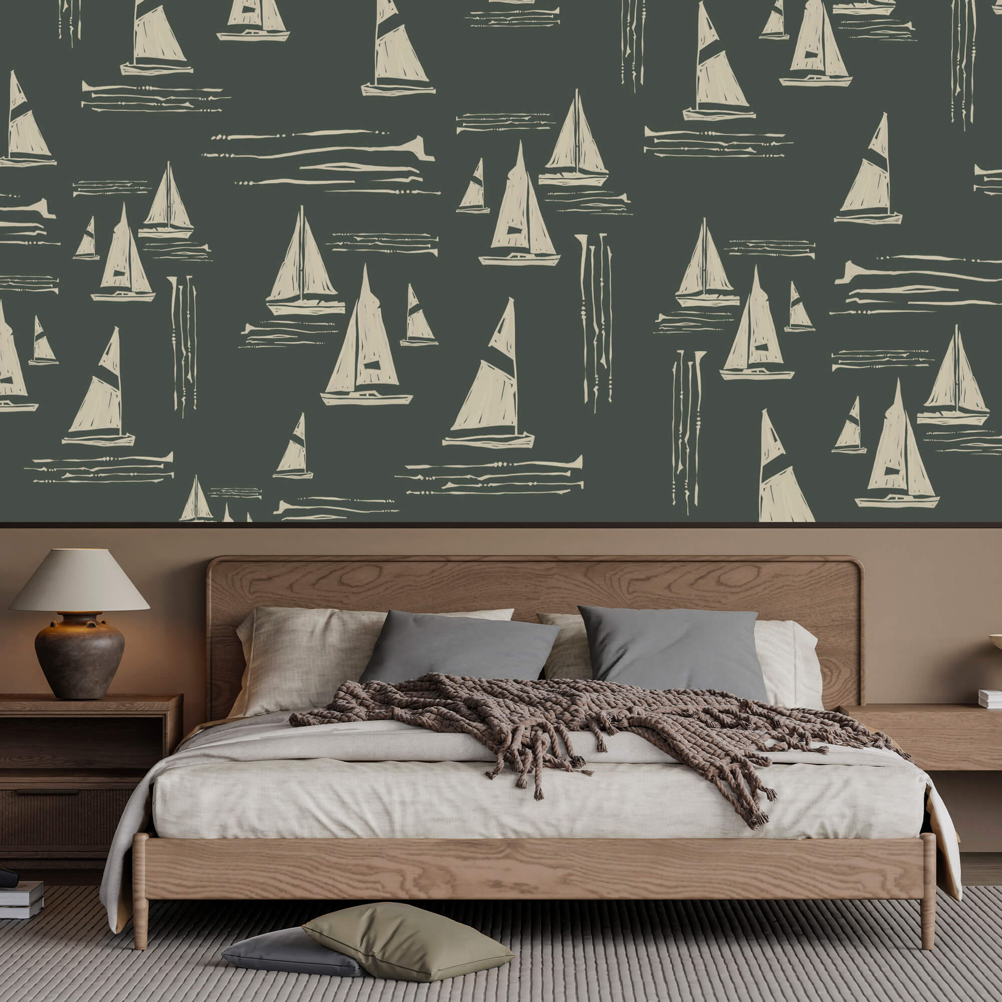 Pattern of sailboats on a dark background