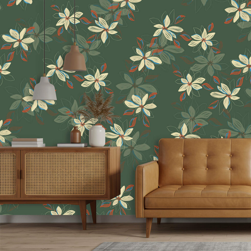 Pattern of white flowers and red leaves on a green background