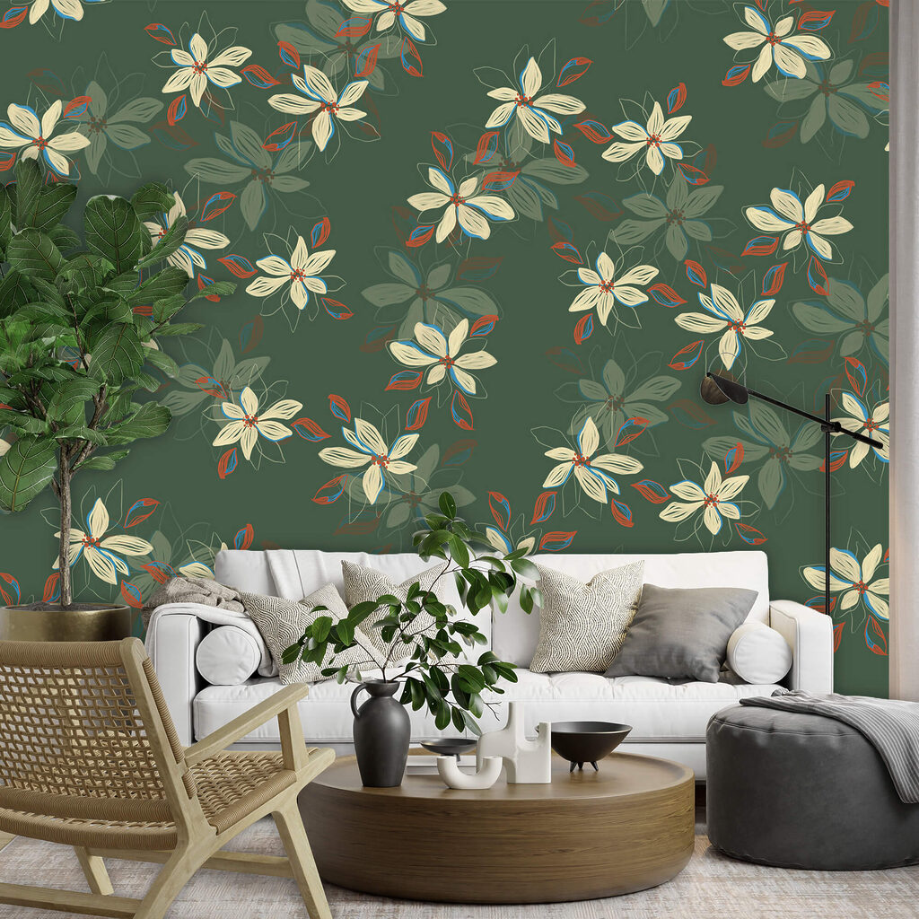 Pattern of white flowers and red leaves on a green background
