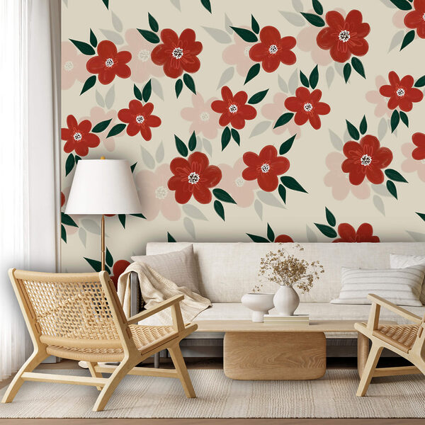 Wall murals Wall murals Pattern of red flowers and green leaves (SKU: t00485)