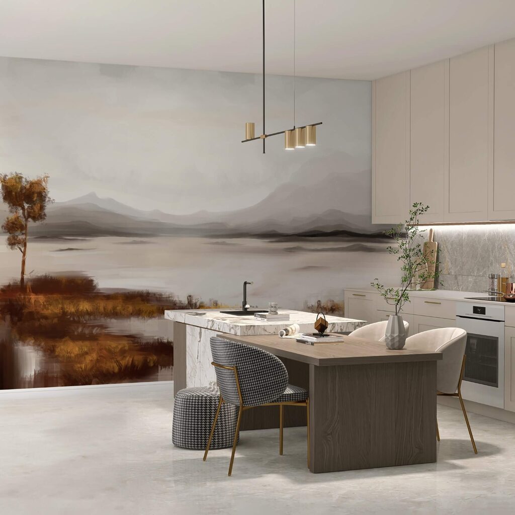 Landscape of a lake with mountains in the background