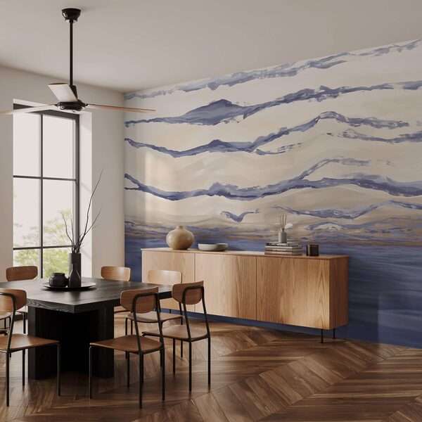 Water with waves and birds flying