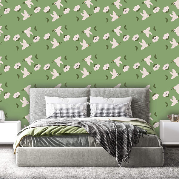 Pattern of white birds and green leaves
