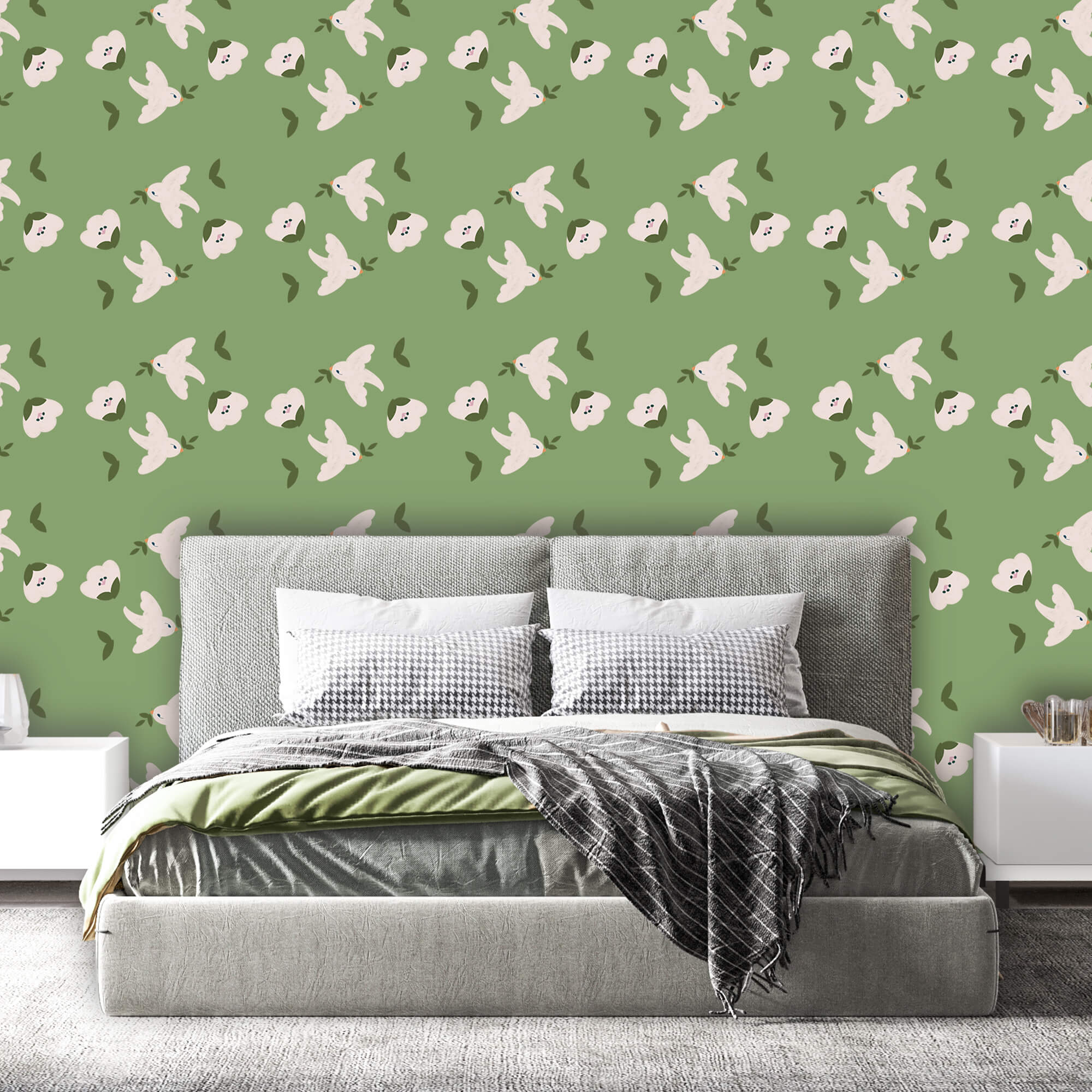 Pattern of white birds and green leaves