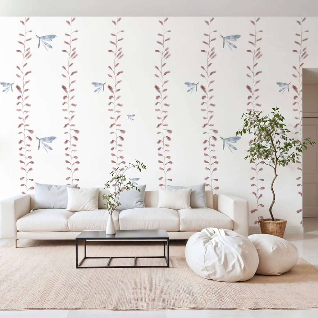 Wallpaper with dragonflies and leaves