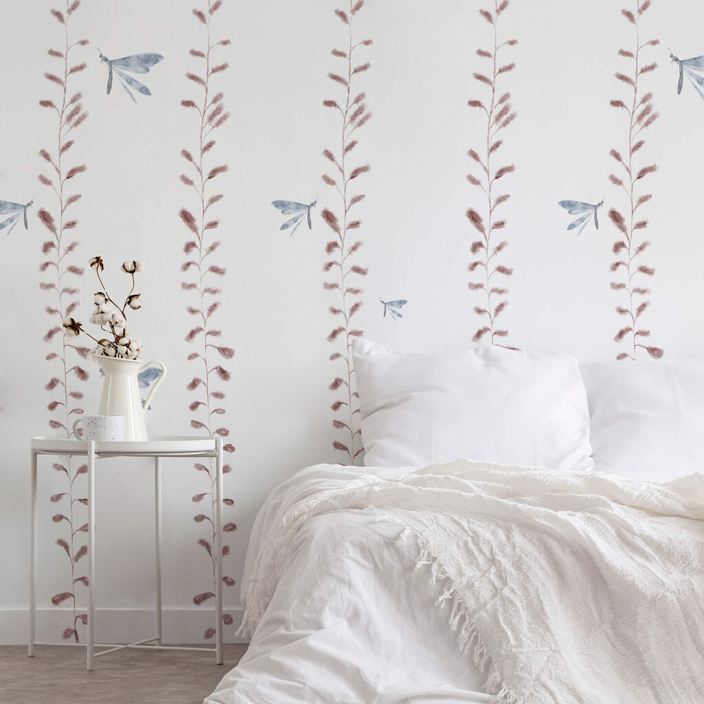 Wallpaper with dragonflies and leaves