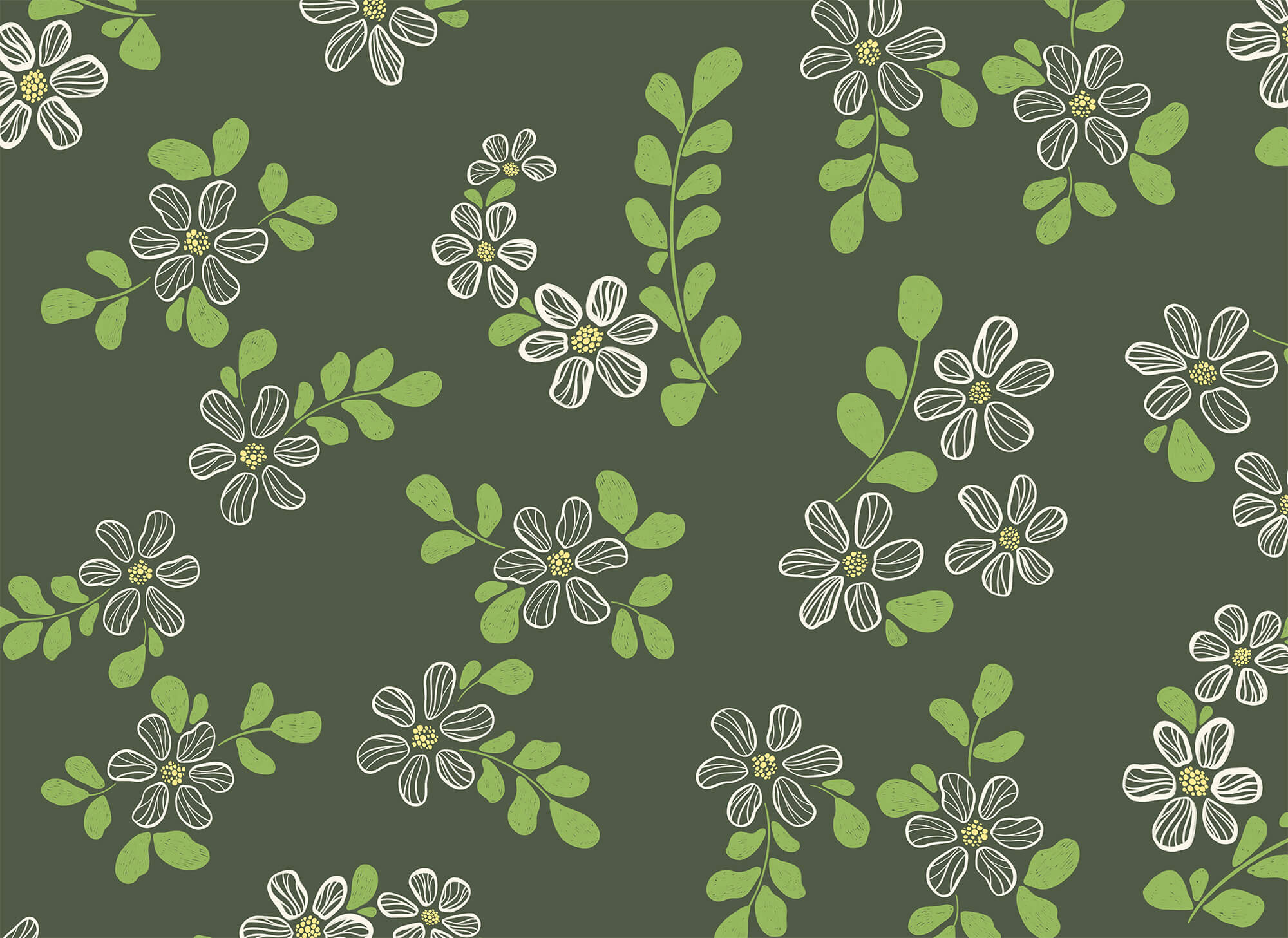 Pattern of white flowers and green leaves Pattern of white flowers and green leaves