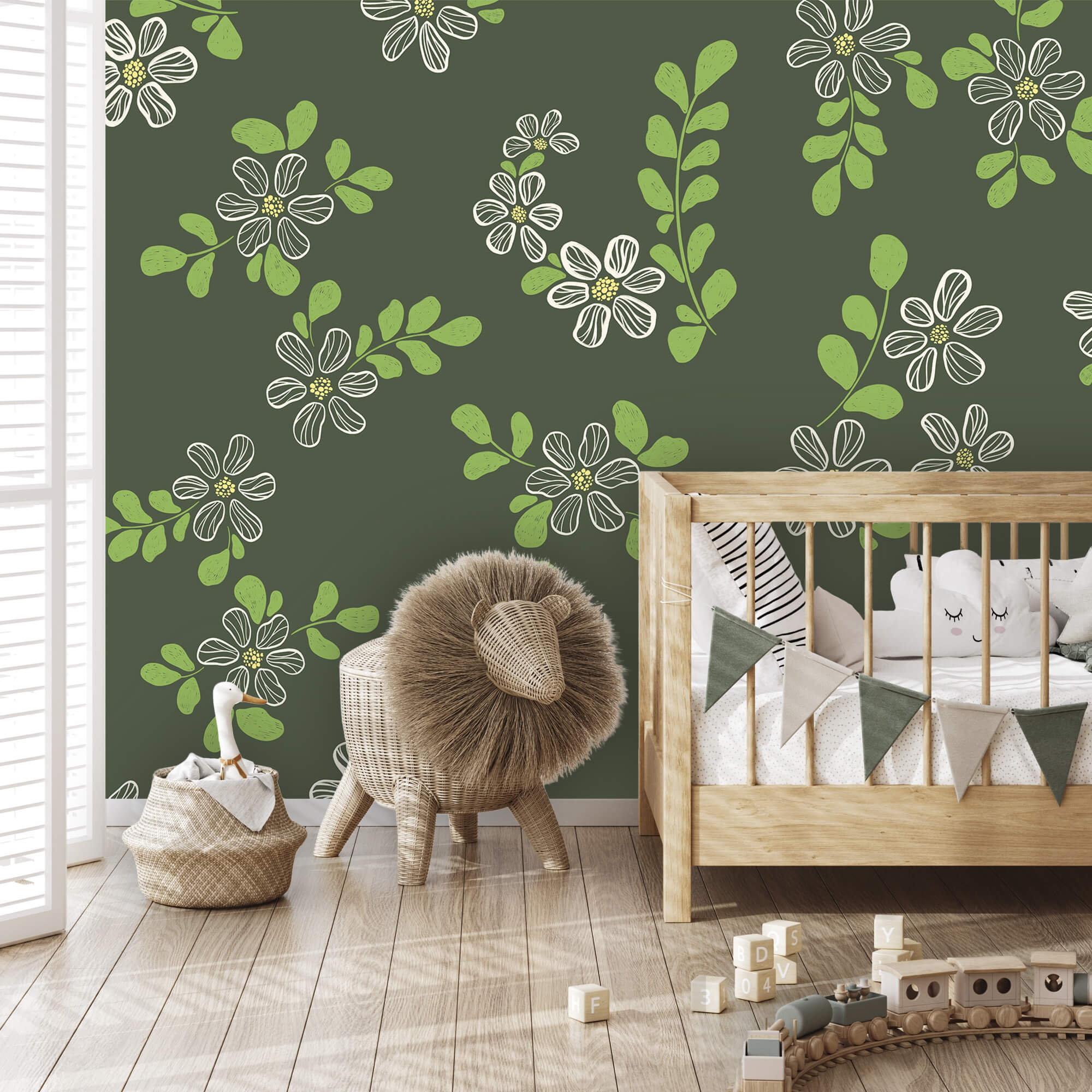 Pattern of white flowers and green leaves Pattern of white flowers and green leaves