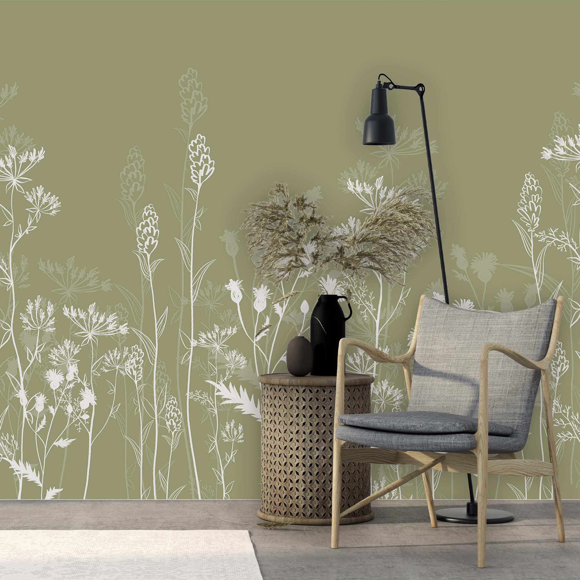 Delicate floral silhouettes on green background