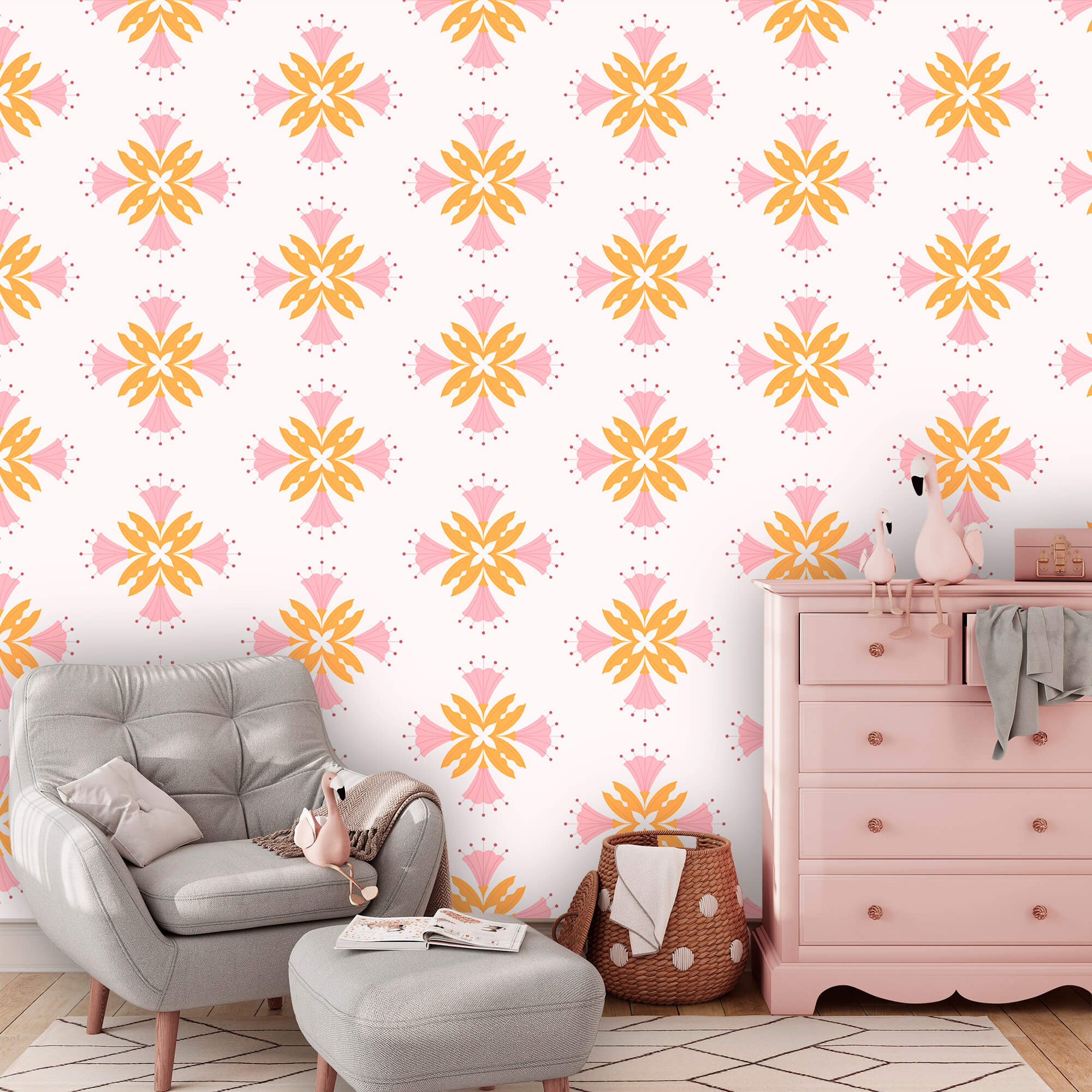 Pattern of pink and orange flowers