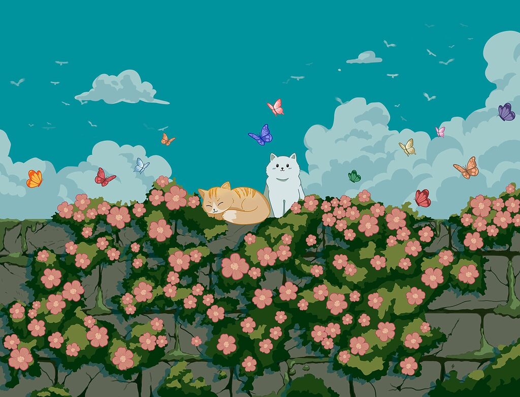 Cartoon of cats and butterflies on a bush