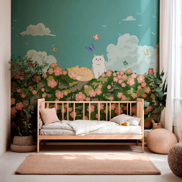 Cartoon of cats and butterflies on a bush