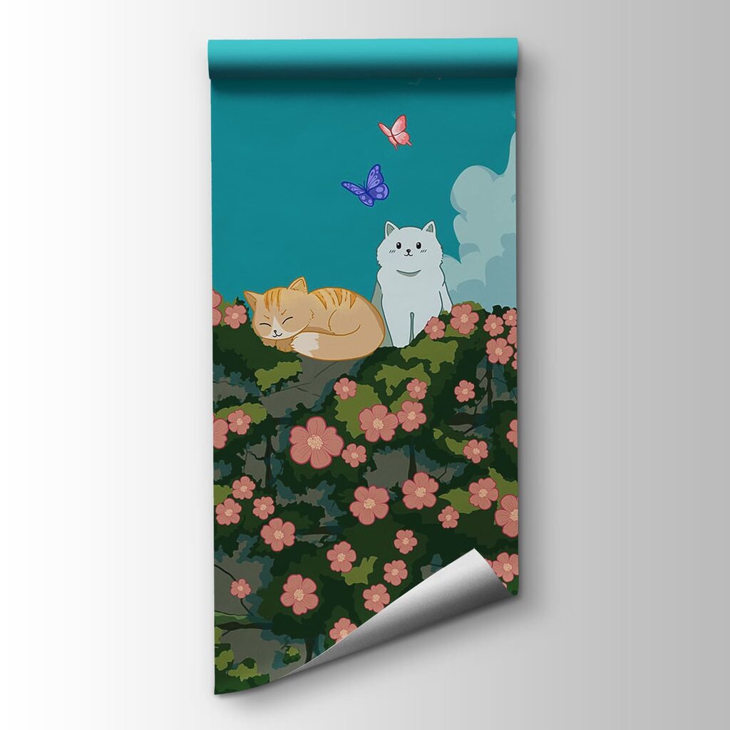 Cartoon of cats and butterflies on a bush