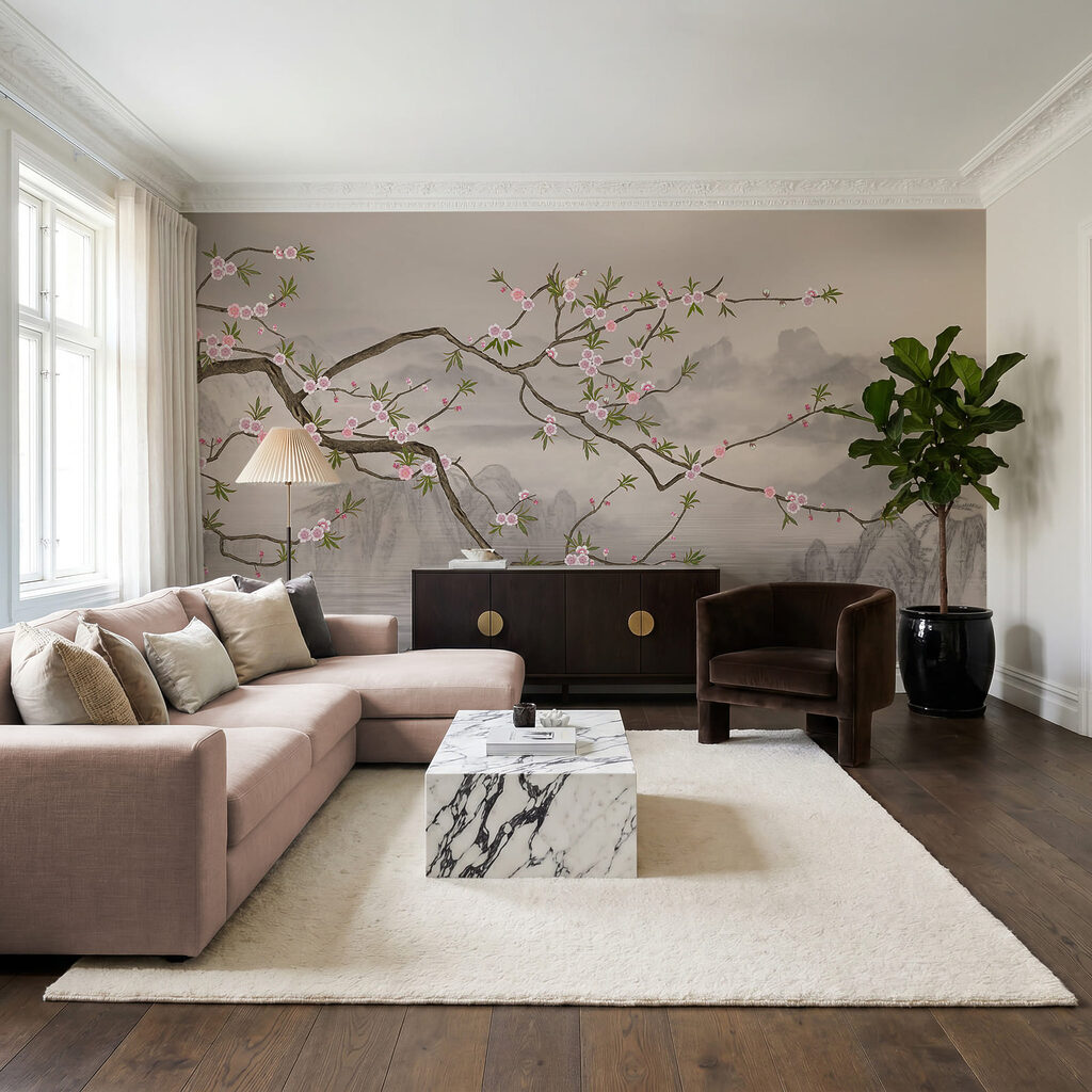 Tree branch with pink flowers on it
