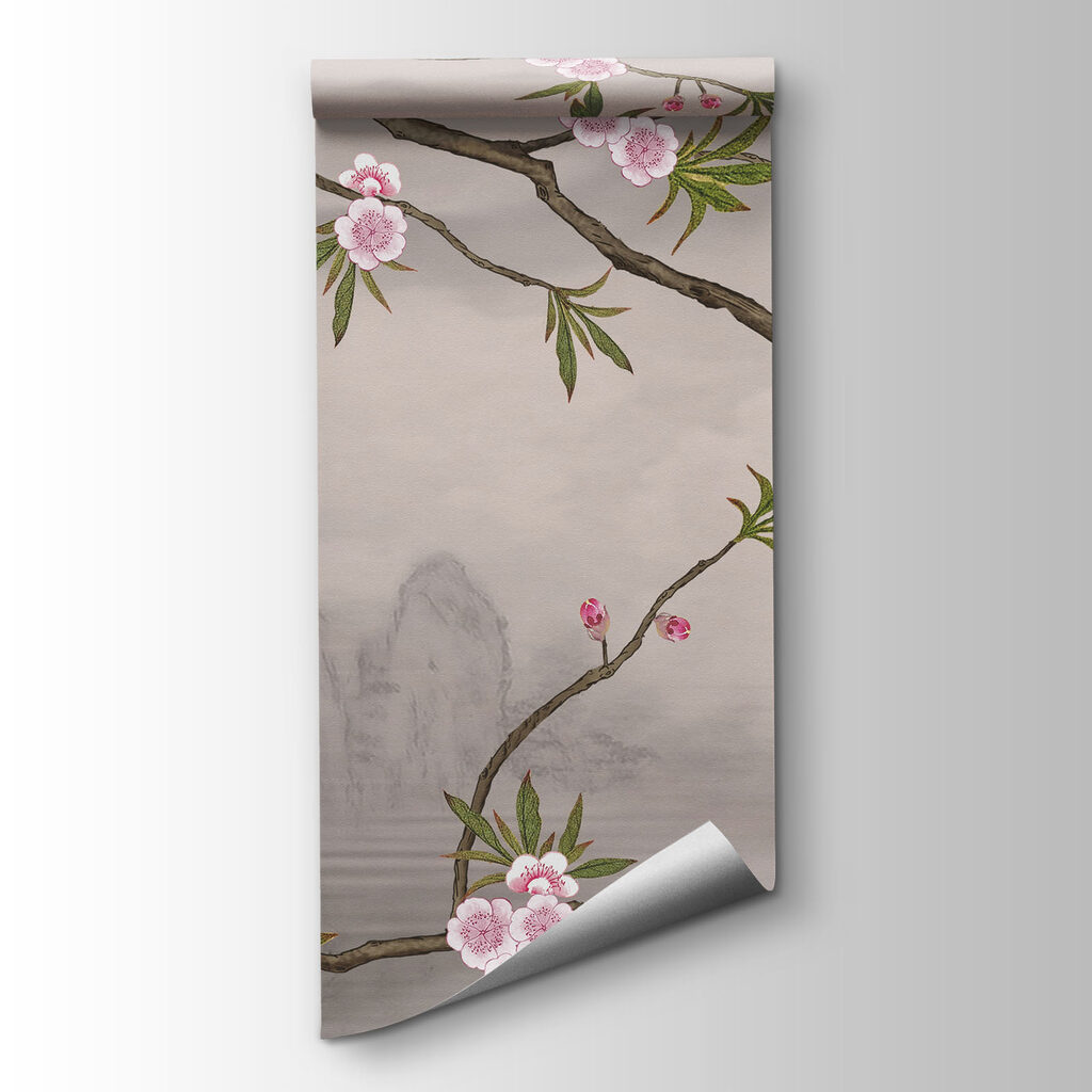 Tree branch with pink flowers on it