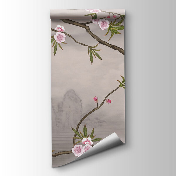 Tree branch with pink flowers on it