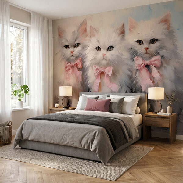 Group of white cats with pink bows