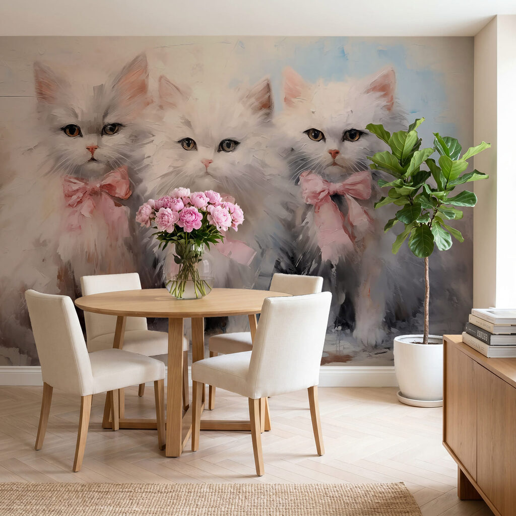 Group of white cats with pink bows