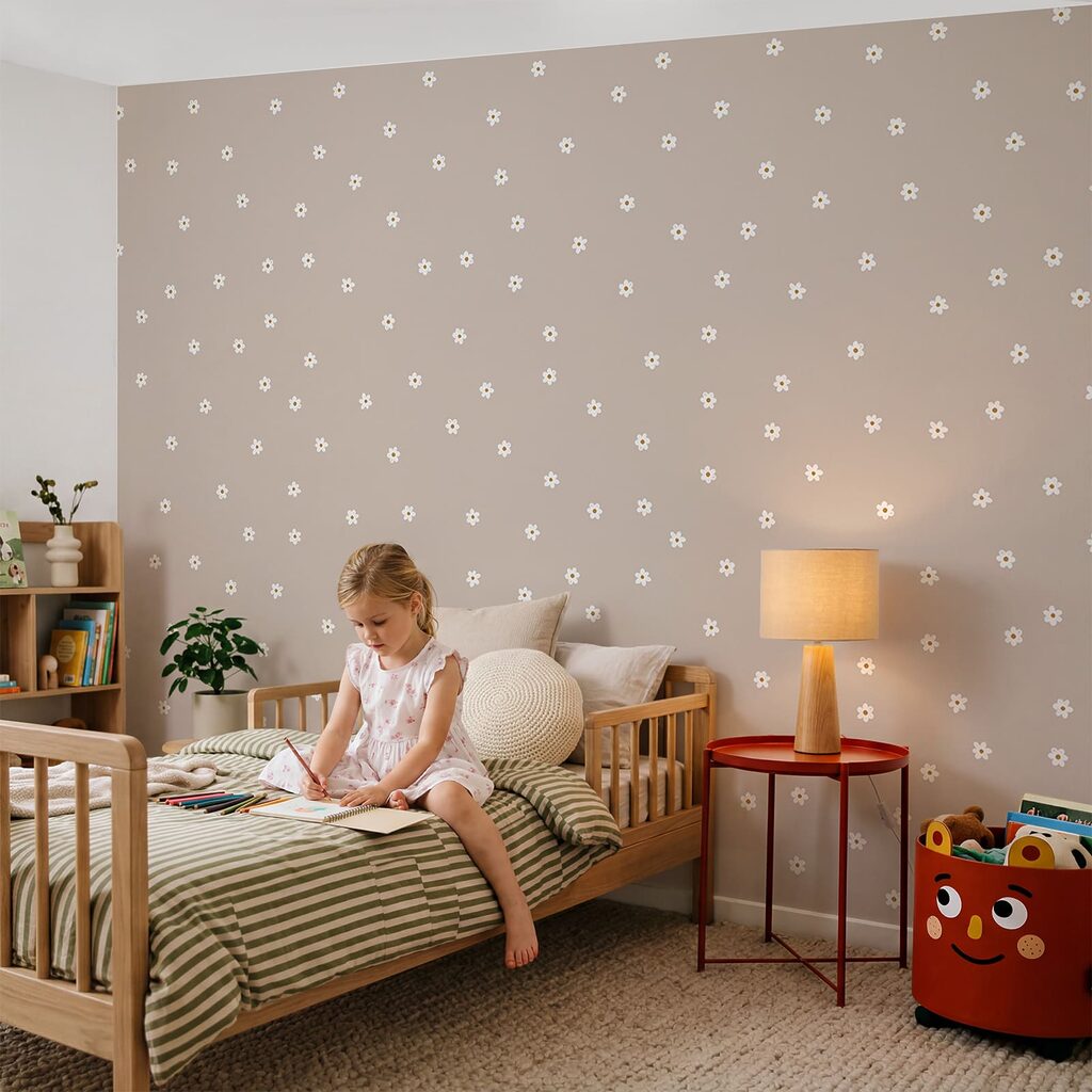 Pattern of small white flowers on a tan background