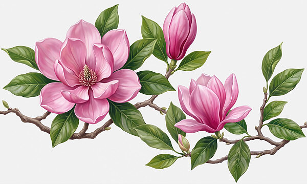 Group of pink flowers with green leaves