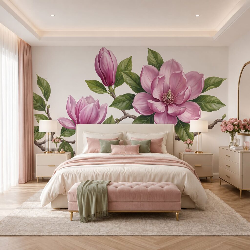 Group of pink flowers with green leaves