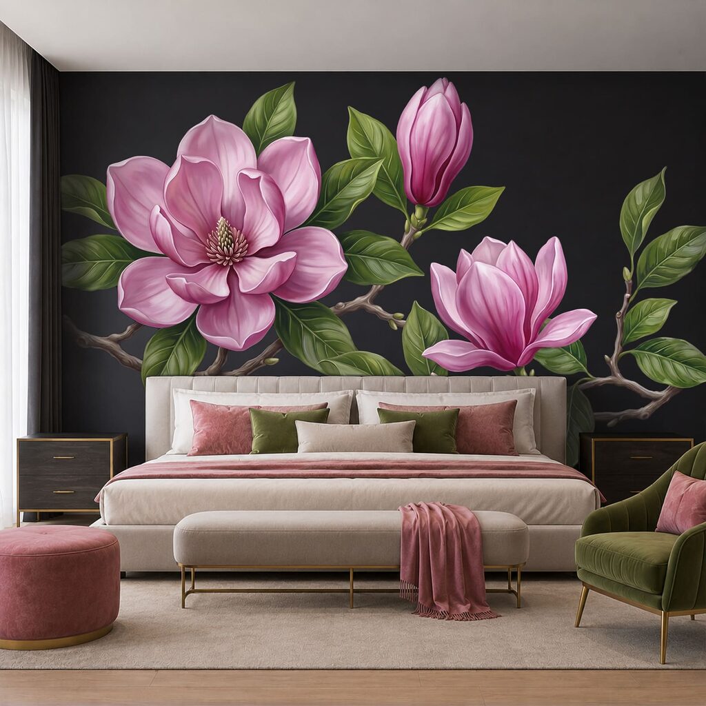 Group of pink flowers with green leaves