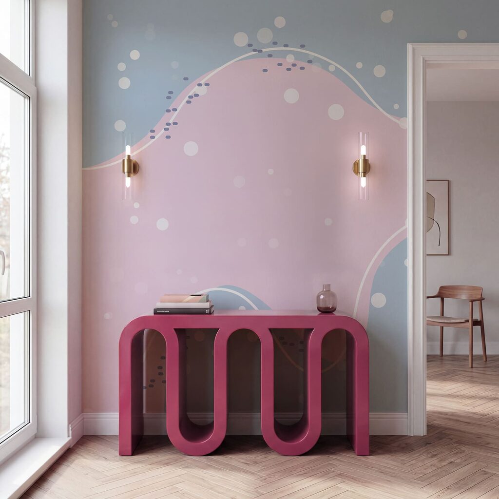 Pink and white liquid with white dots