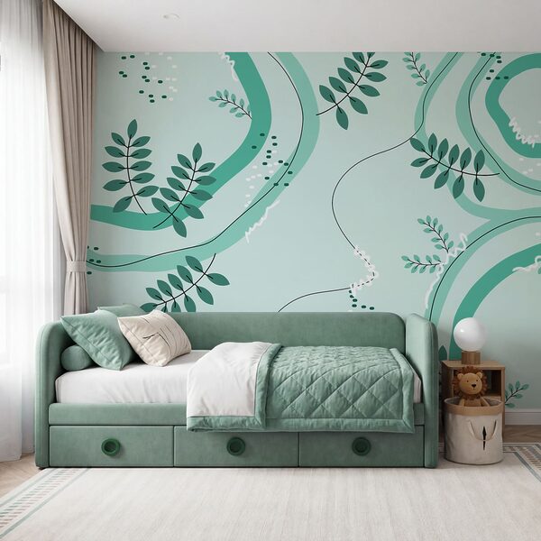 Green and white pattern with leaves Wall mural Green and white pattern with leaves