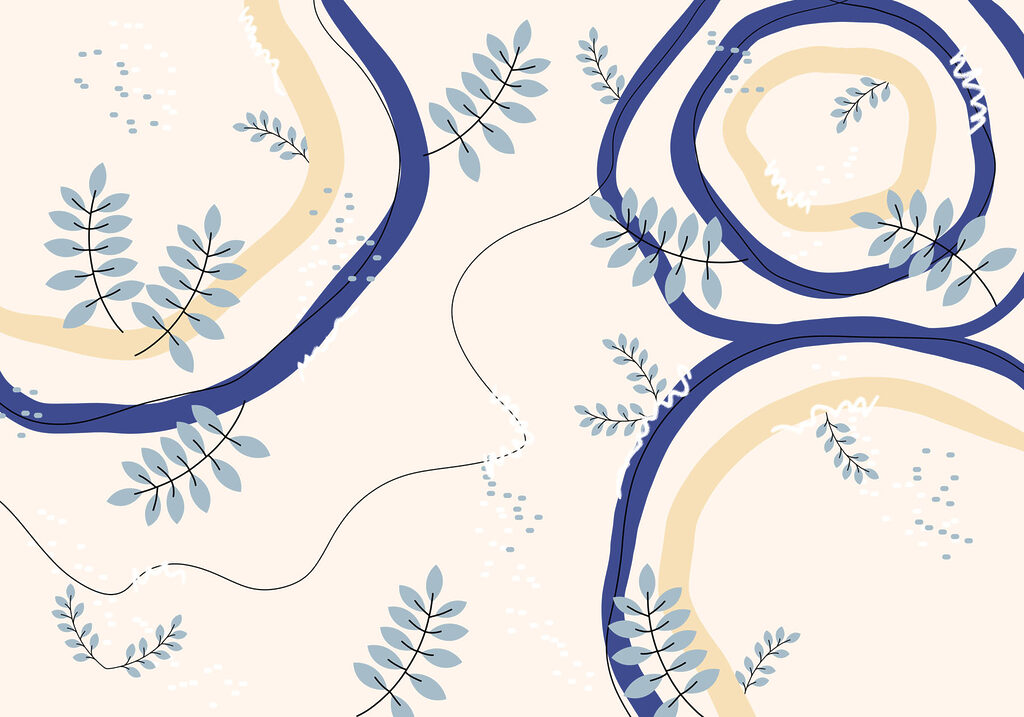 Blue and white swirls and leaves