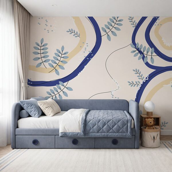 Blue and white swirls and leaves Wall mural Blue and white swirls and leaves
