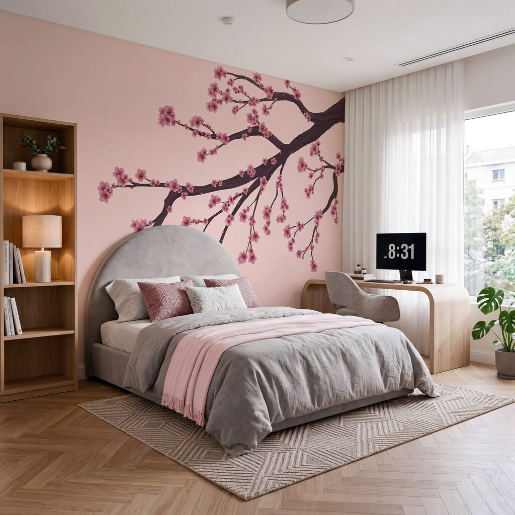 Tree branch with pink flowers