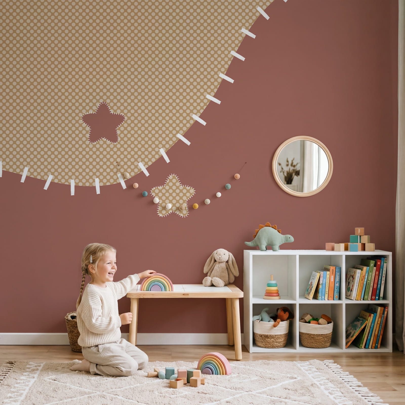 Brown and tan fabric with white stitching
