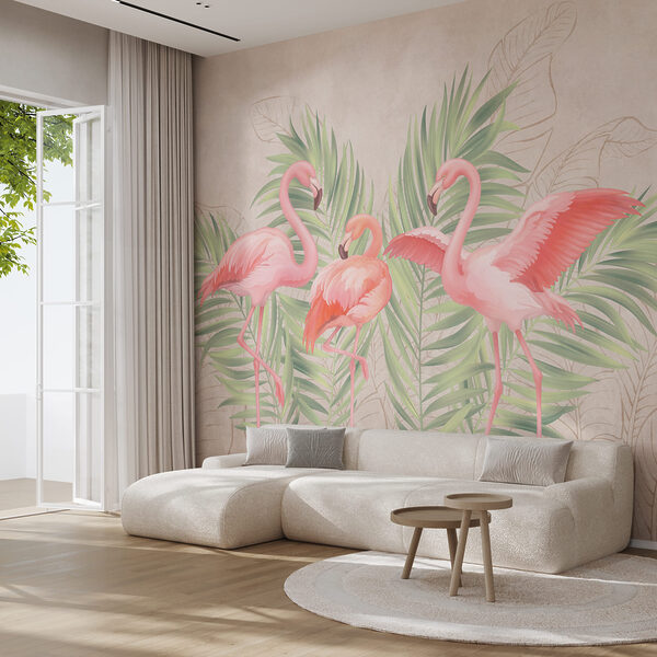 Wall mural Group of pink flamingos with green leaves (SKU: t00741) Wall mural Wall mural Group of pink flamingos with green leaves (SKU: t00741)