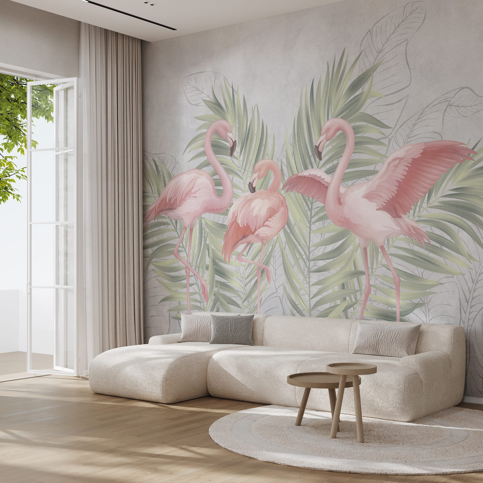 Group of pink flamingos with green leaves