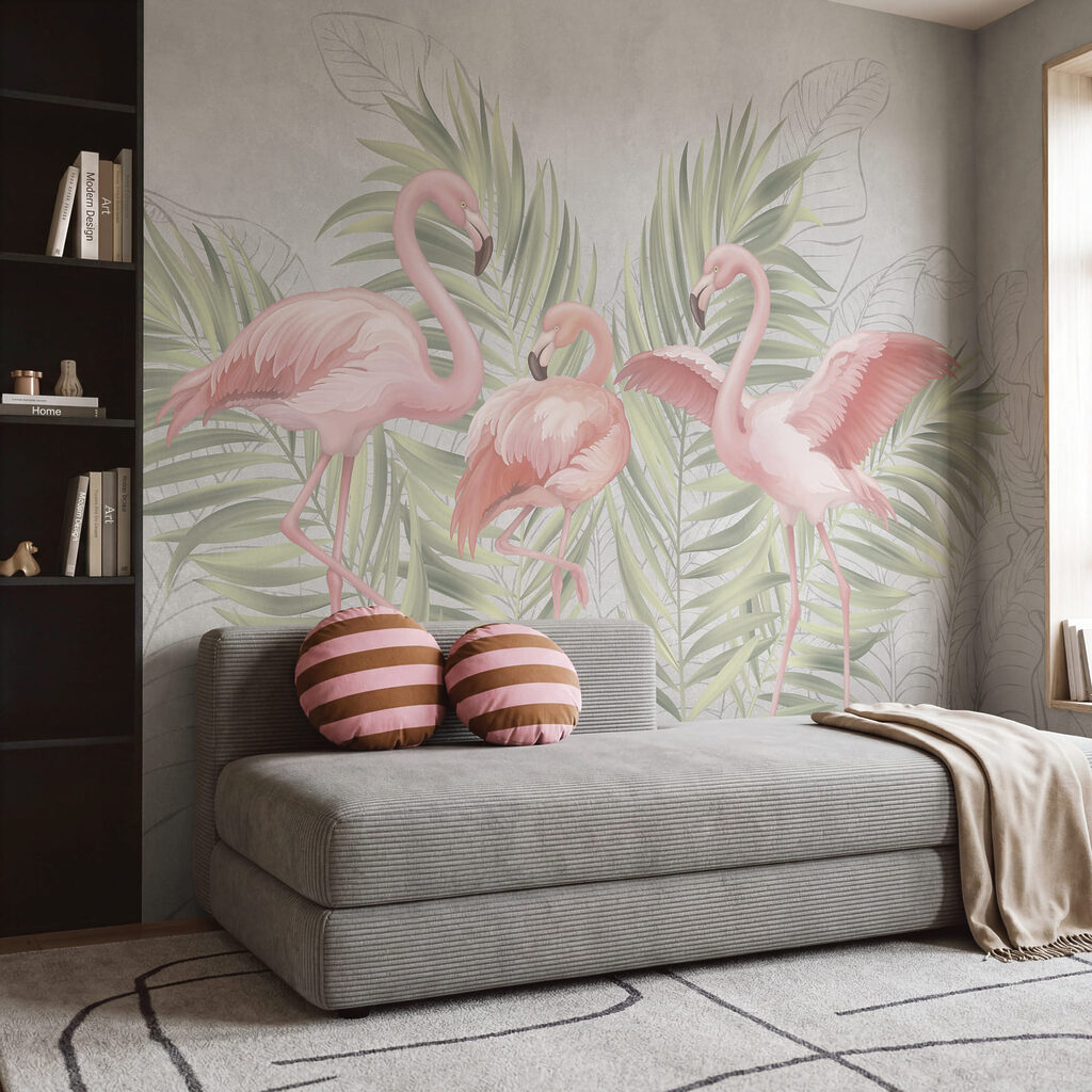 Group of pink flamingos with green leaves
